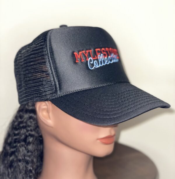 Angled view of mannequin wearing black Mylestones Collection cap